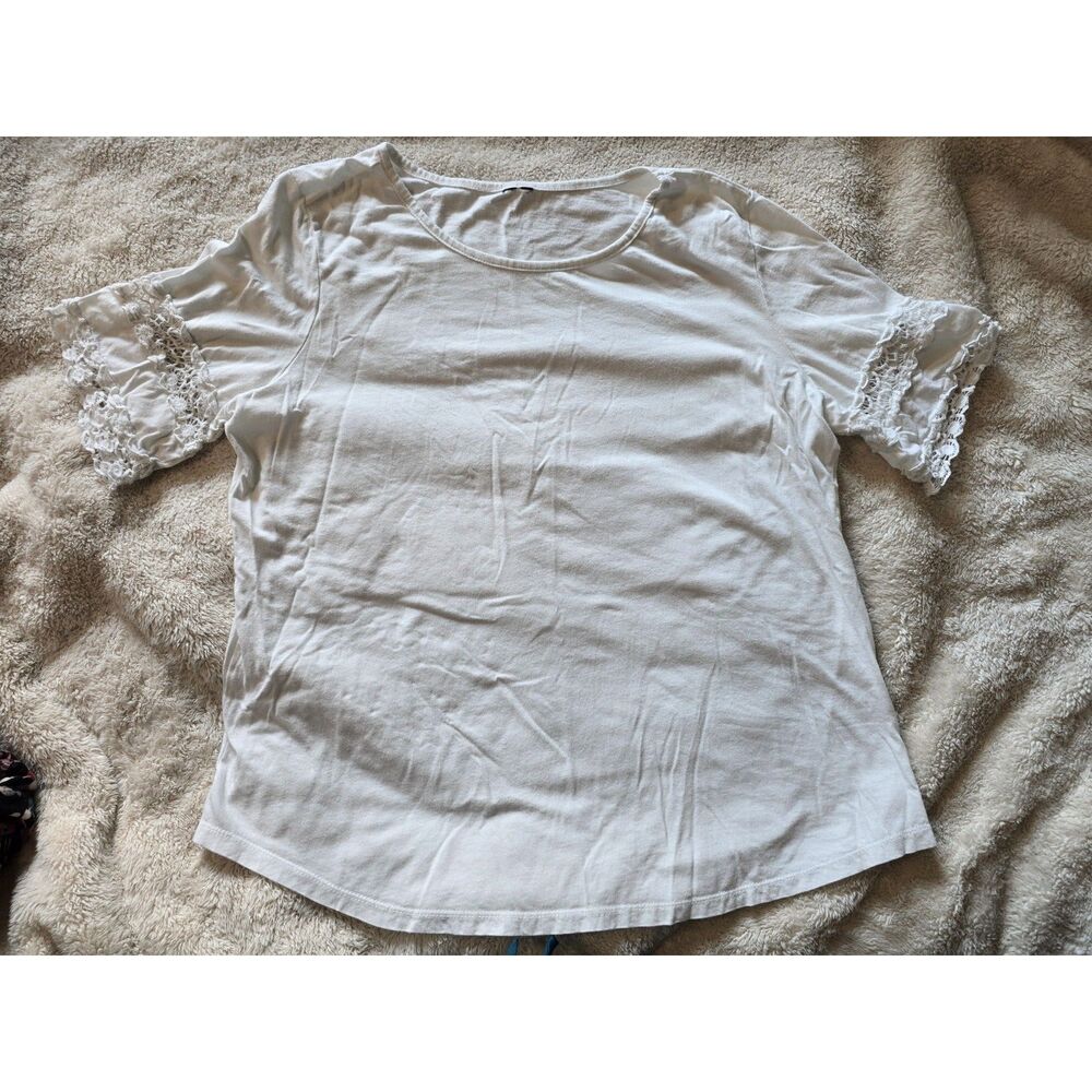 Woolrich White 100% Cotton Short Sleeve Crochet Lace Trim Sleeve Tee Top Large